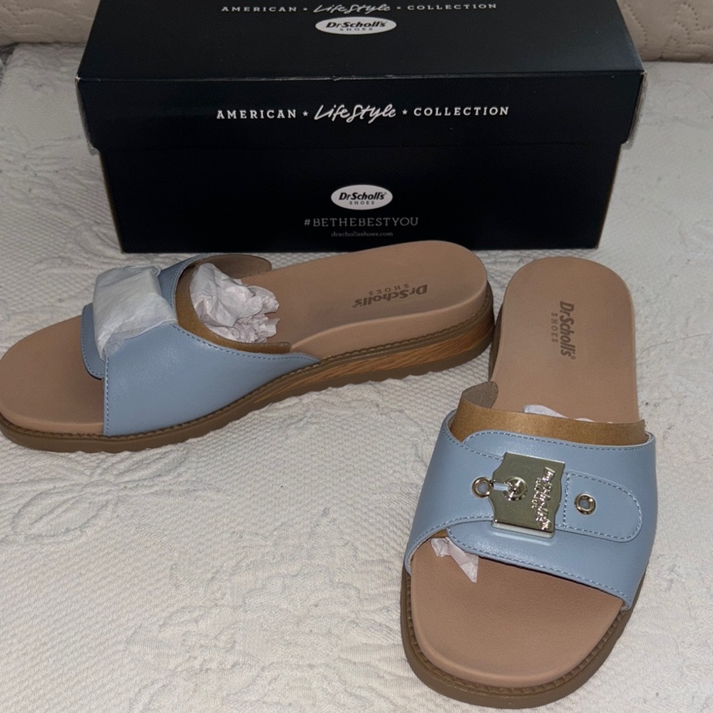 Dr. Scholl's Blue and Tan Mules with Comfortable Footbed
